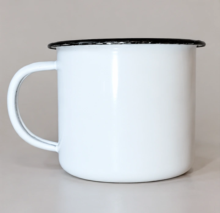 White enamel cup, handle right